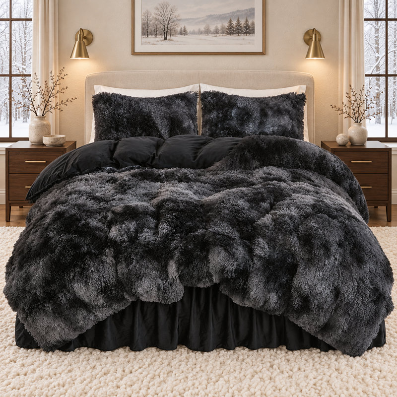 Édredon en fausse fourrure noir gris Andency pour lit grand, 3 pièces de literie moelleuse pelucheuse (1 édredon en velours à poil long et 2 taies d'oreiller), ensemble de literie en duvet moelleux