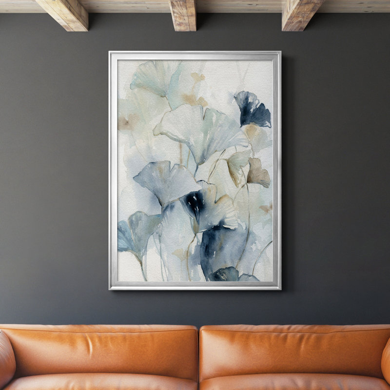 Indigo Ginkgo I - Peinture sur toile encadrée, H 36,5 po x l 26,5 po x P 1,5 po, Argent