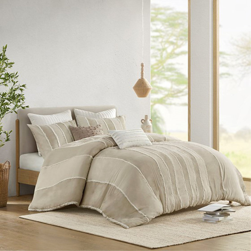 Ensemble de housse de couette en coton 3 pièces, Beige Striped, Queen Duvet Cover + 2 Pillow Shams