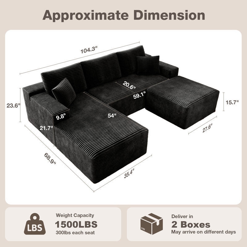 Koli Boneless U-shaped Cloud Sectional Sofa Couch, Compression Modular Sofa, Corduroy, Black Velvet, Left Hand Facing