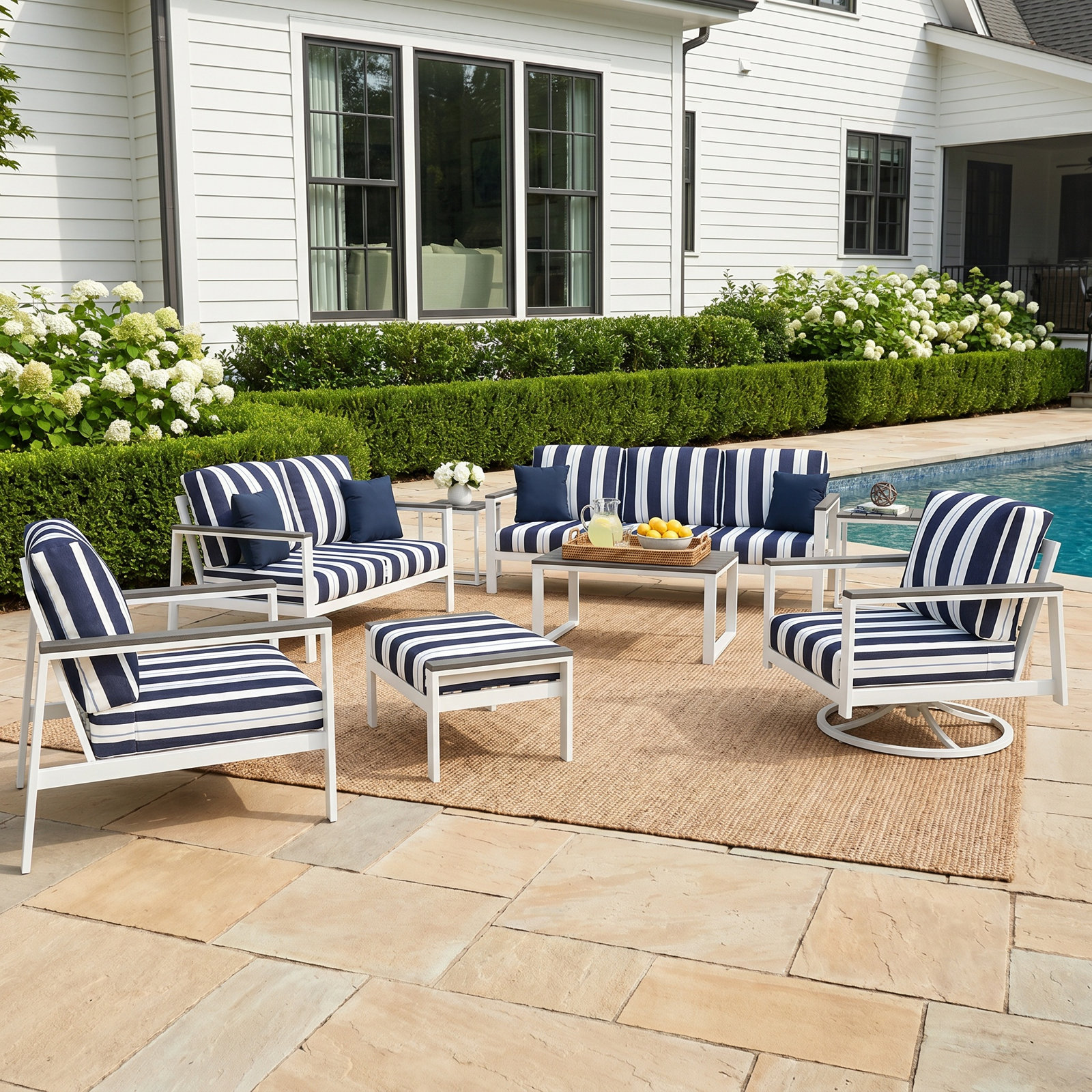 Townsend 7 Person Seating Group With Sunbrella Cushions, Coastal Gray