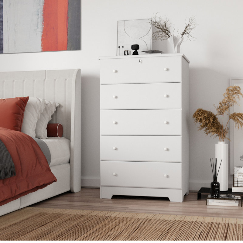 Raiquan 5 - Pine Wood  Drawer Dresser, White