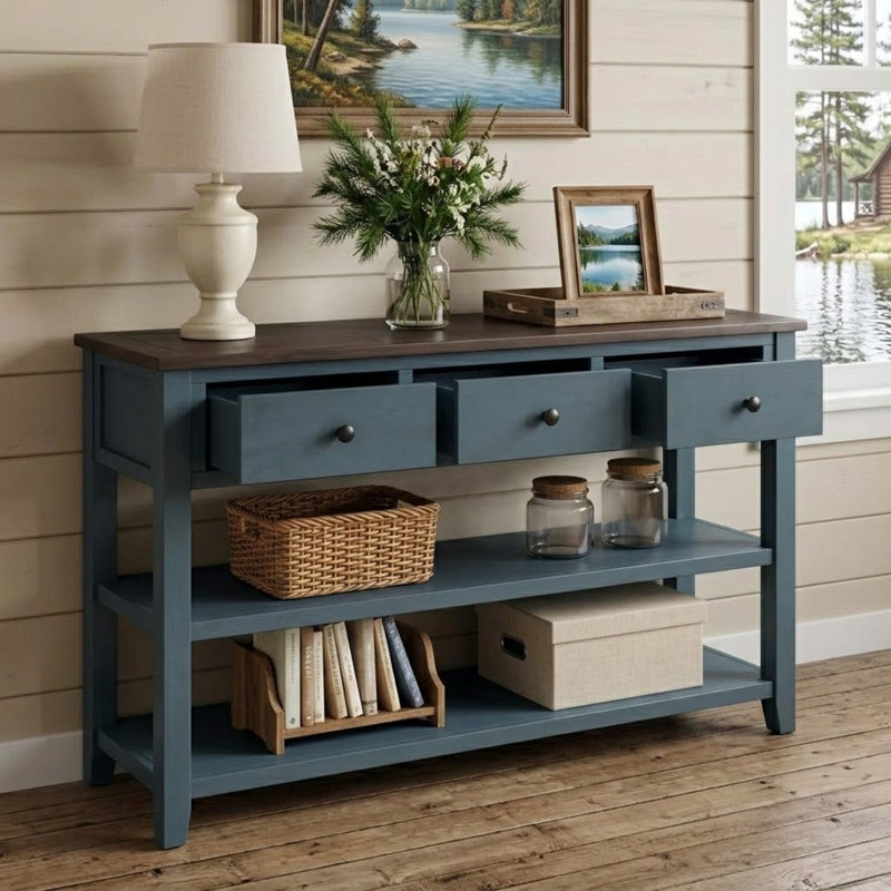 Buffet de style rétro Brysun de 50,01 po avec tiroirs et tablettes, pieds en bois pour le salon et l'entrée, Bleu marine