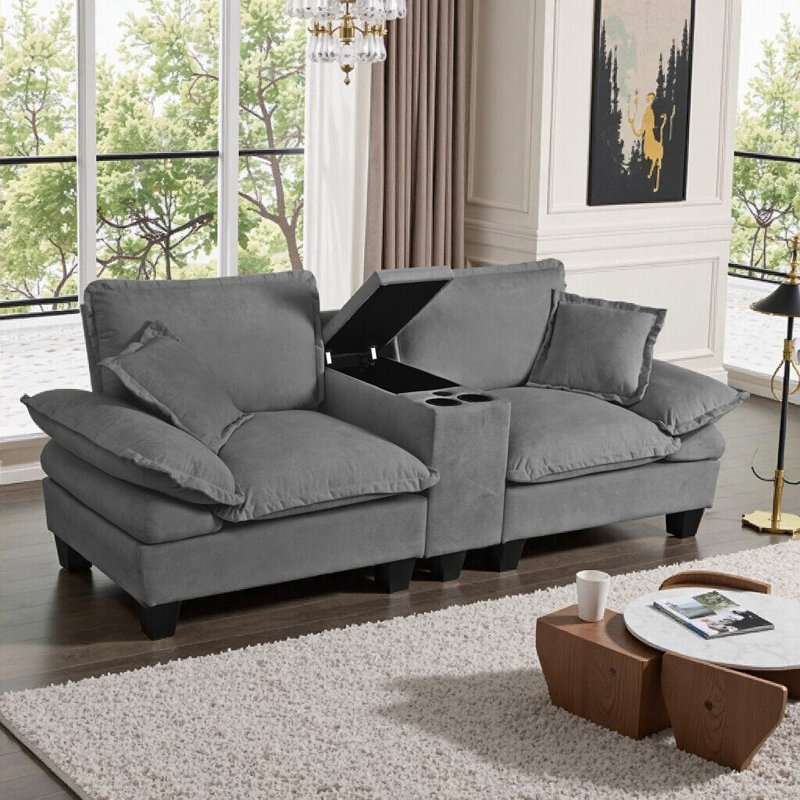 Canapé modulaire en forme de L avec porte-gobelets et rangement, Gris