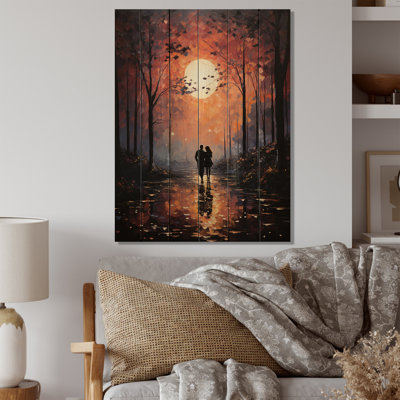 Couple romantique, paysage embrassant le coucher de soleil II sur bois