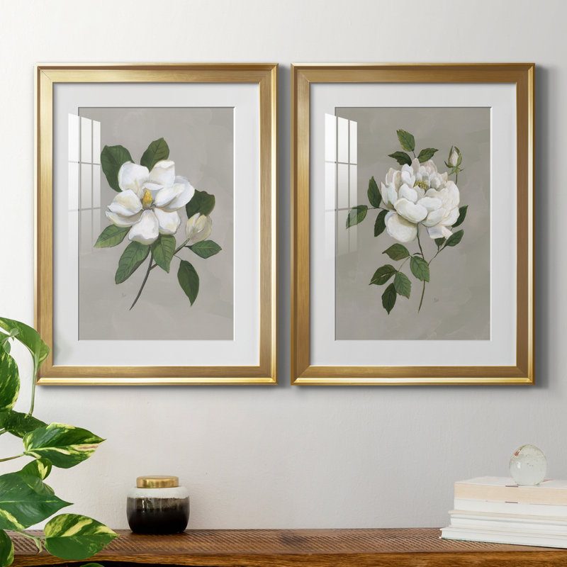 Magnolia botanique - ensemble de 2 reproductions d'art, Blanc, H 18,5 po x l 49 po x P 1,5 po, Papier encadré doré