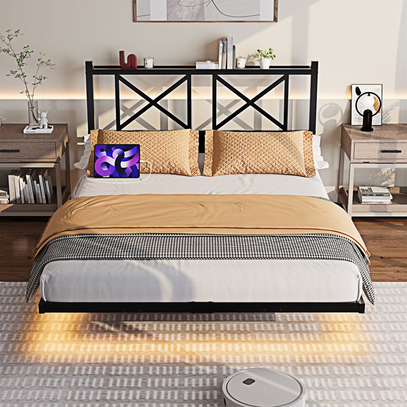 Cadre de lit plateforme flottant avec charge USB et lumières DEL, Lit double