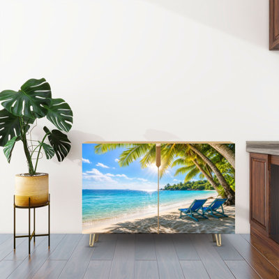Sideboard Buffet Cabinet with Storage Tropical Beach Palm Trees Sparkling Ocean Waters with 2 Doors for Living Room and Kitchen