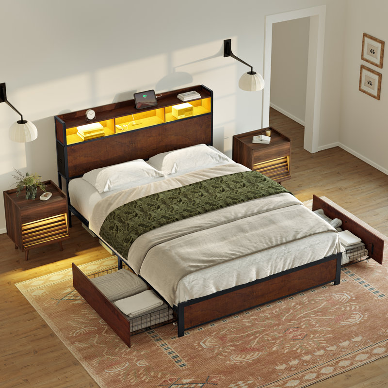 Ensemble de chambre à coucher 3 pièces, lit moderne avec 2 tiroirs et 2 tables de chevet inclinées, Walnut Brown/Walnut
