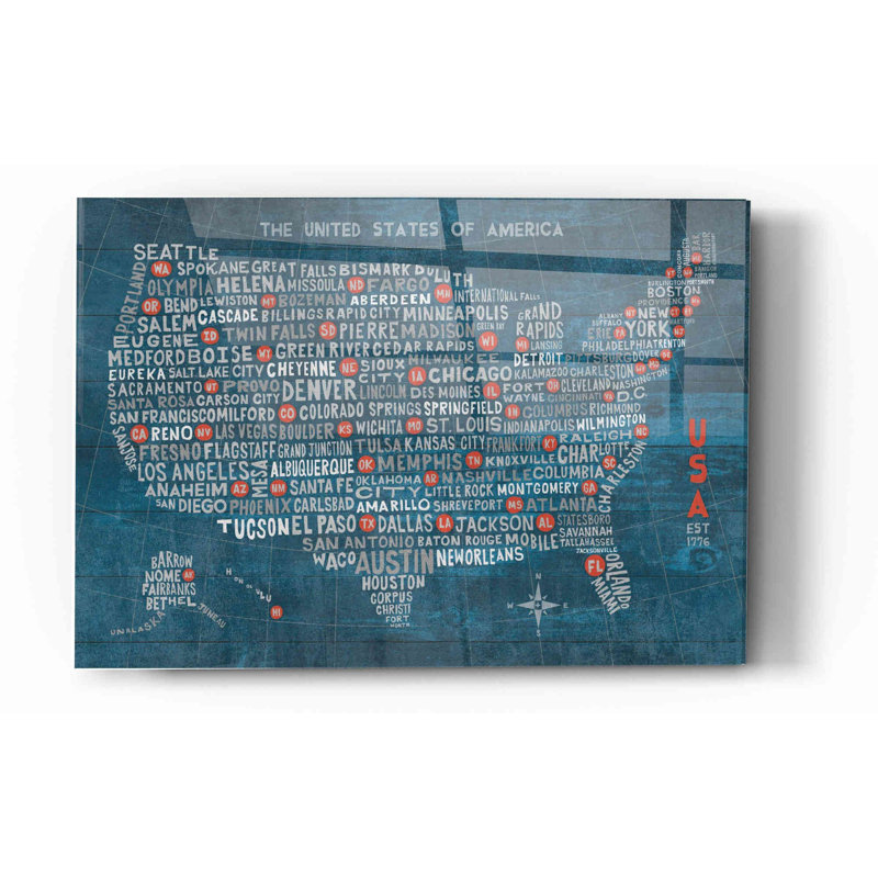 «US City Map on Wood Blue» par Michael Mullan, art mural en verre acrylique, H 12 po x l 16 po x P 0,12 po