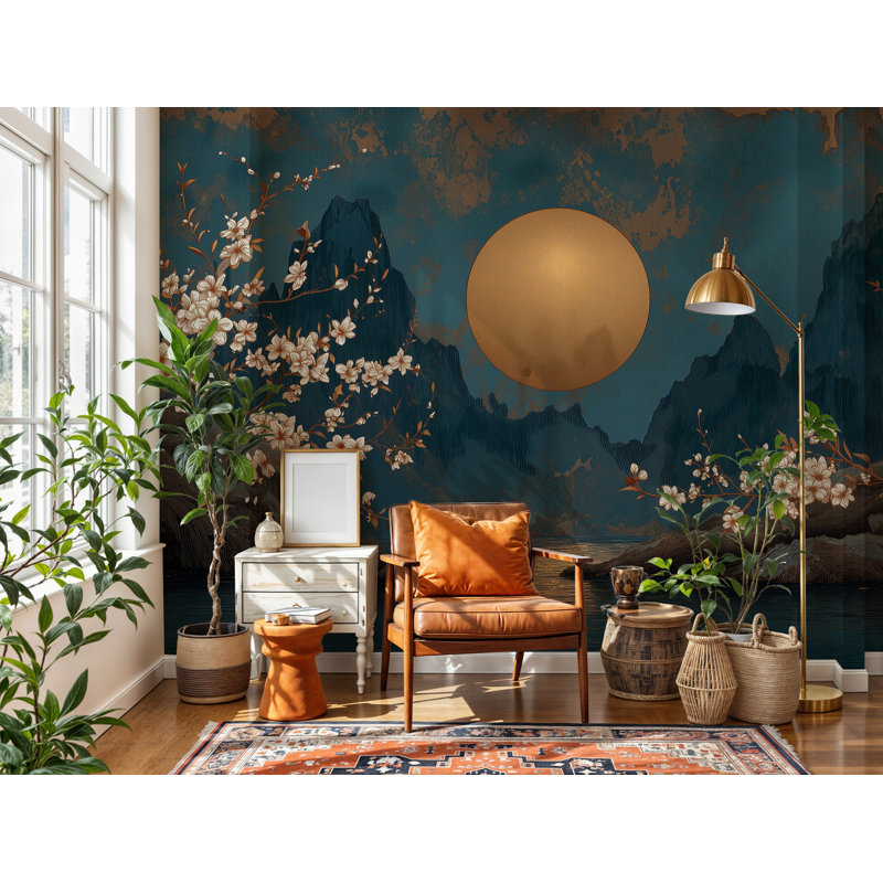 Papier peint fleur de montagne d'inspiration asiatique en bleu sarcelle et or, 108" L x 150" W, Peel & Stick