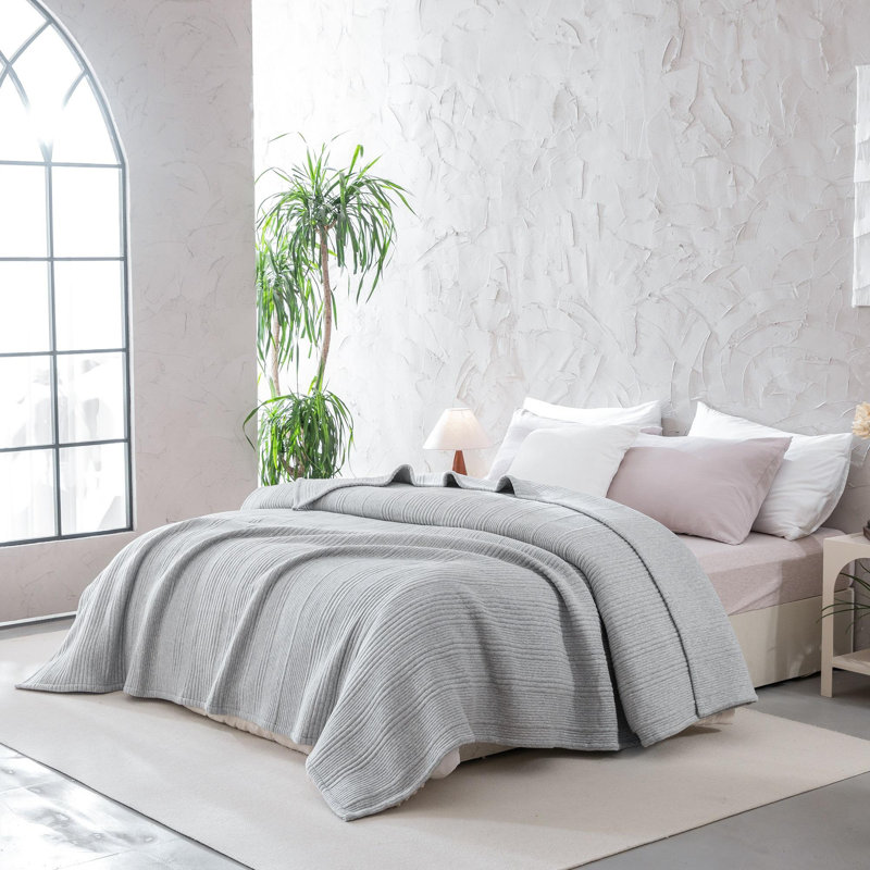 Couverture de lit légère en jersey de coton doux et réversible, Très grand lit, Gris clair