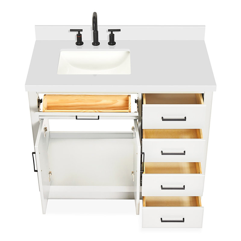 Tidworth 42'' Solid Wood Single Bathroom Vanity with 1.5'' Quartz Top, White, Left, Rectangular