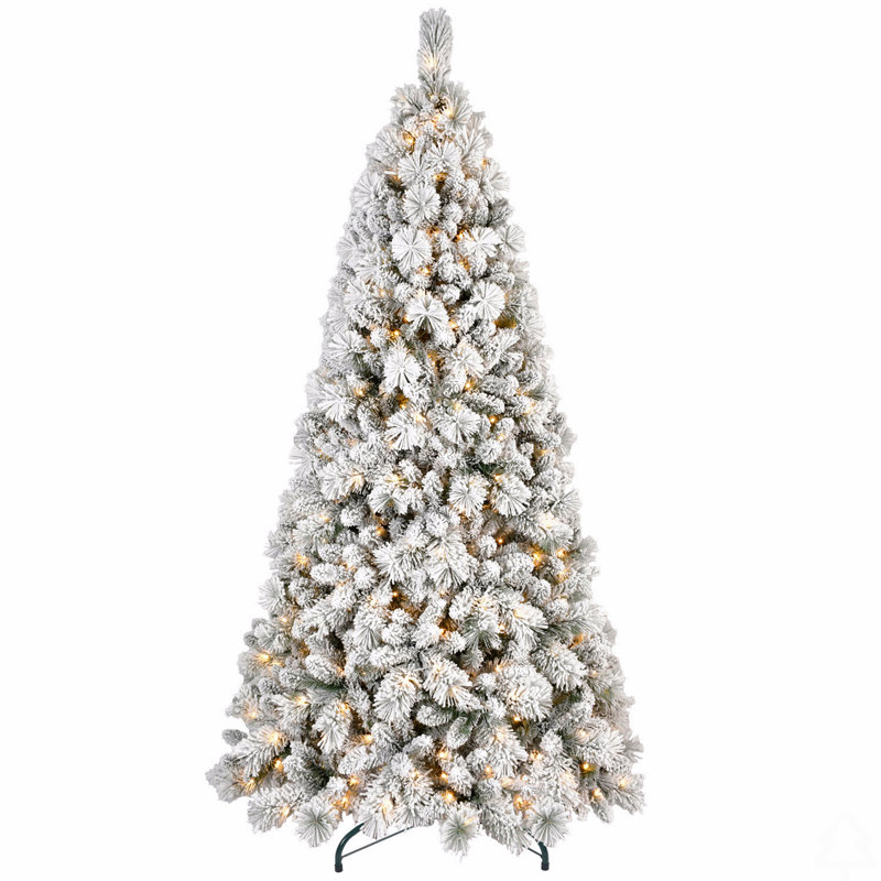 Arbre de Noël enneigé 7 pi avec 450 lumières DEL blanc chaud - 1060 pointes, PVC enneigé et branches à aiguille dure, conception à charnières pour une installation facile, support en métal robuste