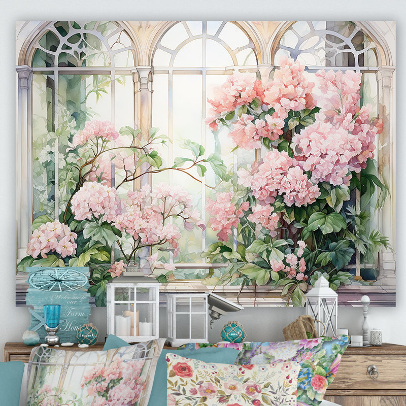 «Pink Blossoming Country Window Gaze III», art mural grande fenêtre, Toile tendue, H 30 po x l 40 po x P 1,5 po