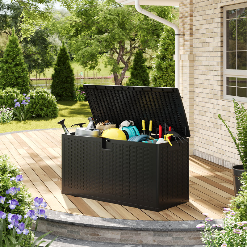 73 Gallon Rattan-Style Outdoor Storage Bench, Lockable Waterproof Resin Deck Box for Patio Cushions, Garden Tools & Pool Gear, Black Imitation Rattan Grain