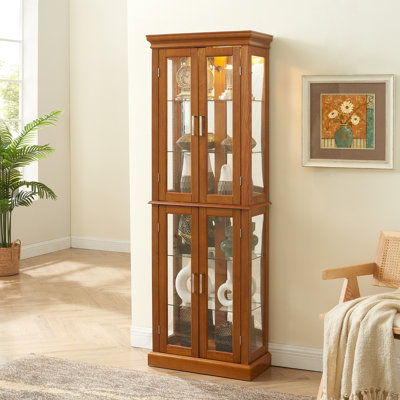 6 Tier Lighted Curio Display Cabinet With Adjustable Shelves And Mirrored Back Panel, Tempered Glass Doors (e26 Light Bulb Not Included)