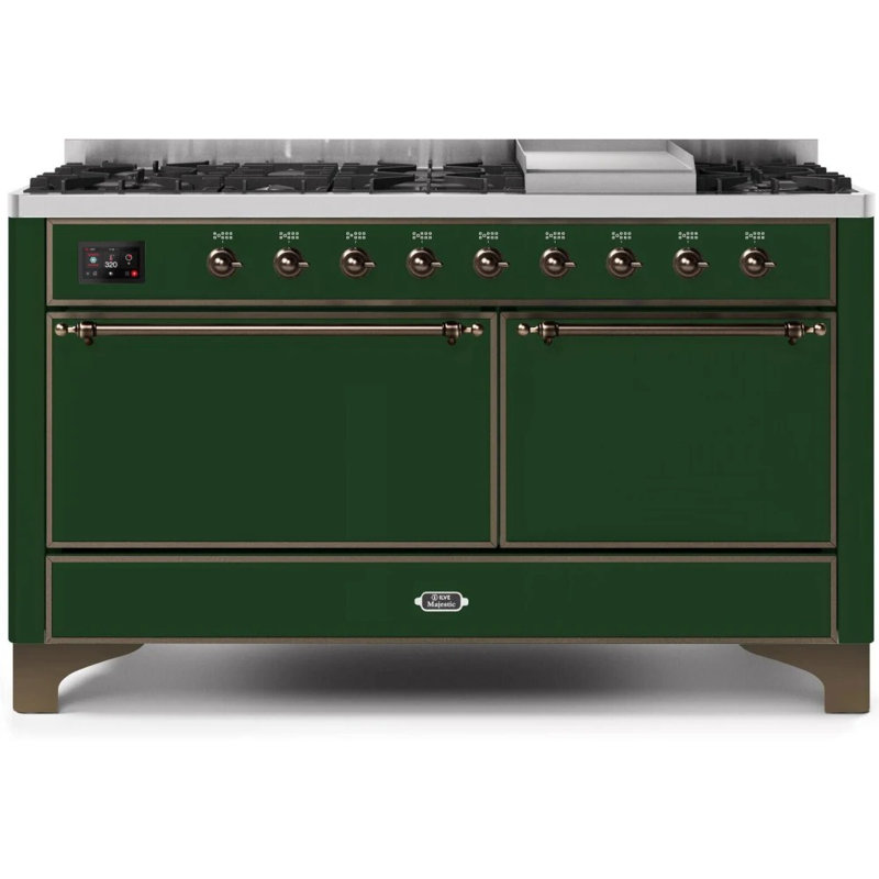 ILVE UM15FDQNS3BKCLP Majestic II 60 inch Dual Fuel Range with 9 Burners, Griddle (Liquid Propane, Solid Door, Glossy Black, Chrome)
