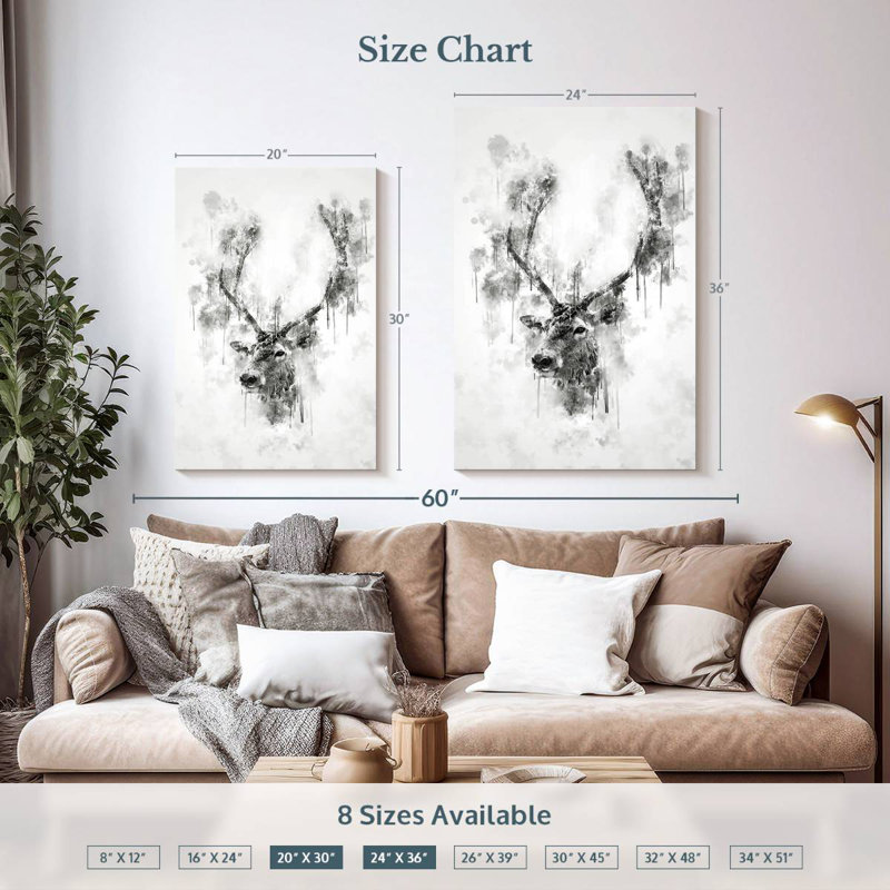 Tête de wapiti en noir et blanc, H 36 po x l 24 po
