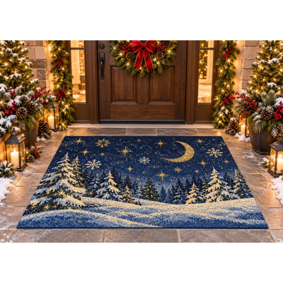 5' x 7' Outdoor Area Rug Navy Winter Forest Crescent Moon Stars Heavyweight Waterproof PVC Coil Loop Carpet, Heavy Duty Patio Rug, Quick Dry Indoor Outdoor Mat for Porch Deck Balcony Entryway