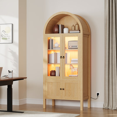 71" Tall Arched Display Cabinet With LED Light, Doors And Drawer by Wrought Studio