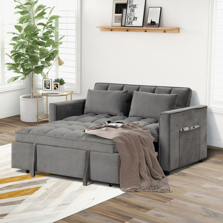 Nerta 55.2'' Wide Convertible Velvet Sleeper Sofa Bed with Reclining Backrest and 2 Throw Pillows