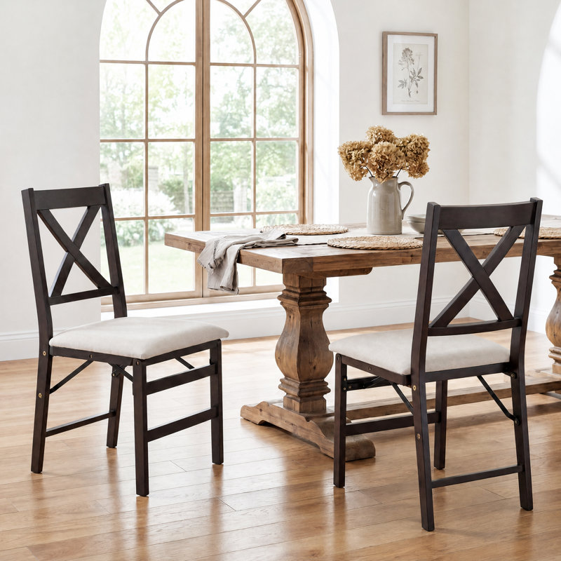 Chaises de salle à manger pliantes rembourrées et empilables avec structure en bois massif, Cadre brun / siège beige