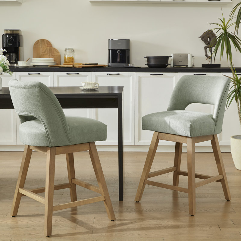  360° Swivel Bar Stools with Solid Wood Frame , Polyester Sage Green, Light Oak Finish