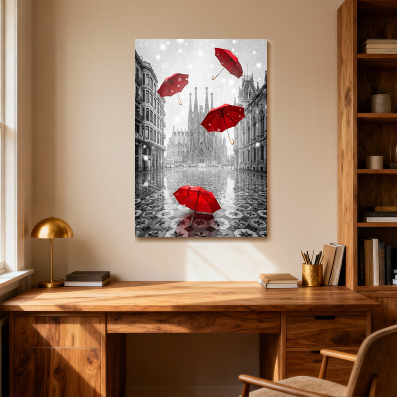 Scenic & Cityscapes, parapluies rouges flottant dans un paysage urbain enneigé, H 18 po x l 12 po
