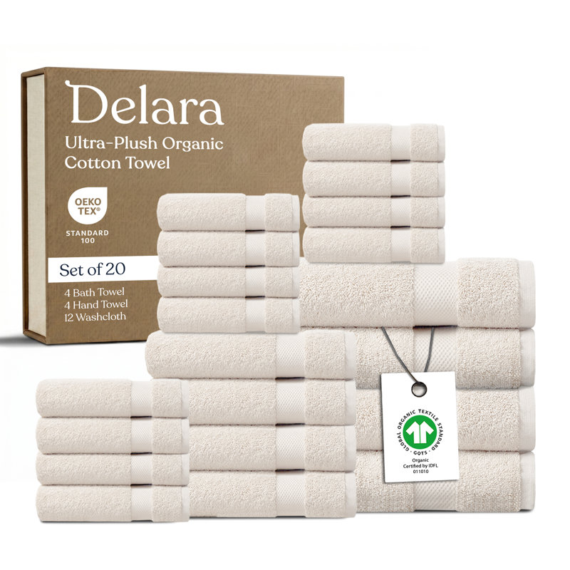 Delara Organic Cotton Plush Towel Set of 20, GOTS & OEKO-TEX Certified, 650 GSM, Soft, Quick-Dry, Absorbent, Hotel Quality