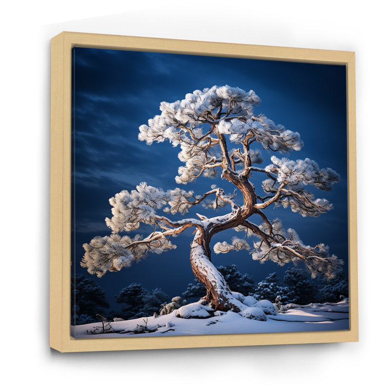 Bonsai pureté en hiver sur toile, Cadre naturel flottant, H 16 po x l 16 po x P 1 po