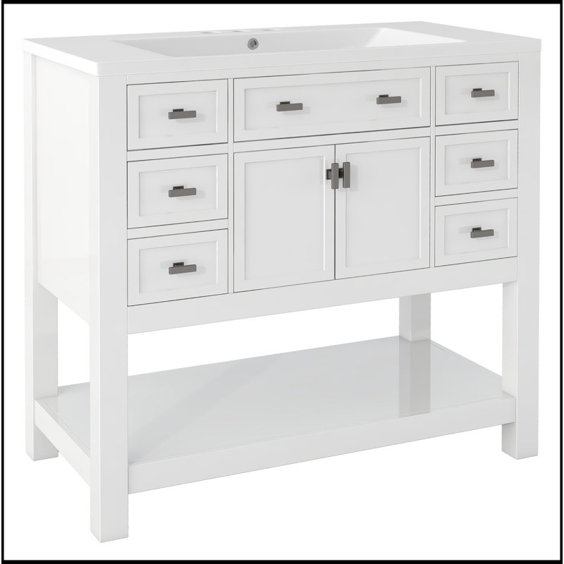 Meuble-lavabo de 36 po avec lavabo supérieur, armoire à miroir moderne avec barre à serviettes, armoire de rangement avec 2 portes à fermeture douce et 6 tiroirs, meuble-lavabo simple