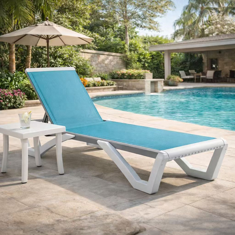 Kozyard Outdoor Chaise Lounge Chair, Full Flat Adjustable Patio Lounger with Aluminum Frame & Resin Legs, Textilene Fabric for Poolside, Backyard & Beach (Aqua/WhiteFrame, W/ Table)