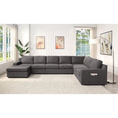 Waylon 145.5" Gray Linen 7-Seater U-Shape Sectional Sofa Chaise With Pocket