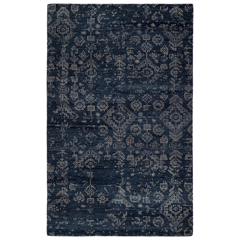 Tapis bleu foncé / gris clair en laine noué à la main Acotas, Rectangle 8 pi x 10 pi