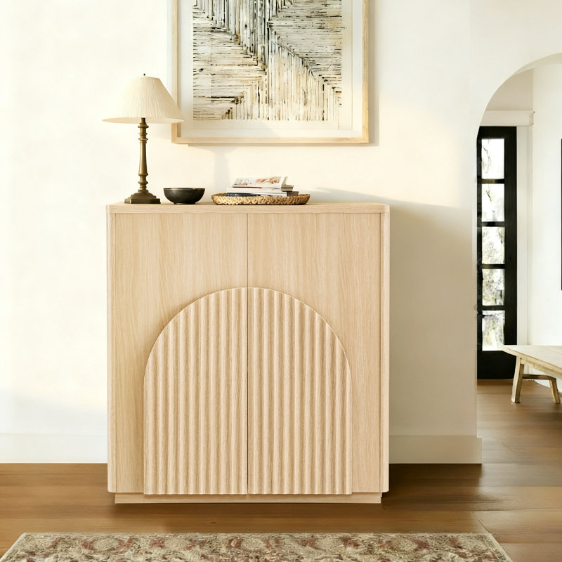 Buffet 32 po courbé avec portes arquées symétriques pour le salon, le bar et la cuisine, Chêne