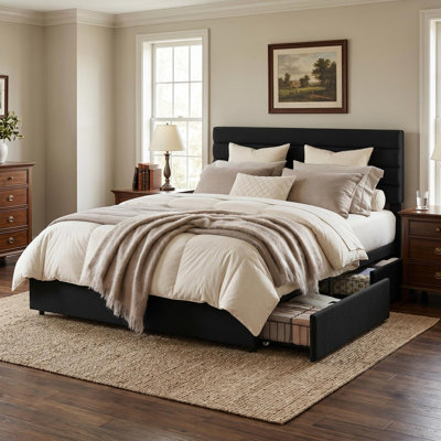 Queen Velvet Platform Storage Bed with 4 Drawers, No Box Spring Needed