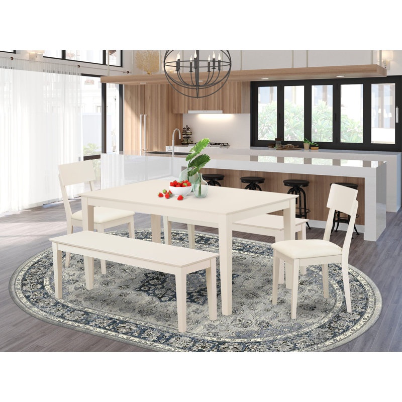 5 Piece Kitchen Table Set for 4 Includes a Rectangle Dining Room Table and 2 Faux Leather Dining Chairs with 2 Benches, 36x60 Inch, Linen White