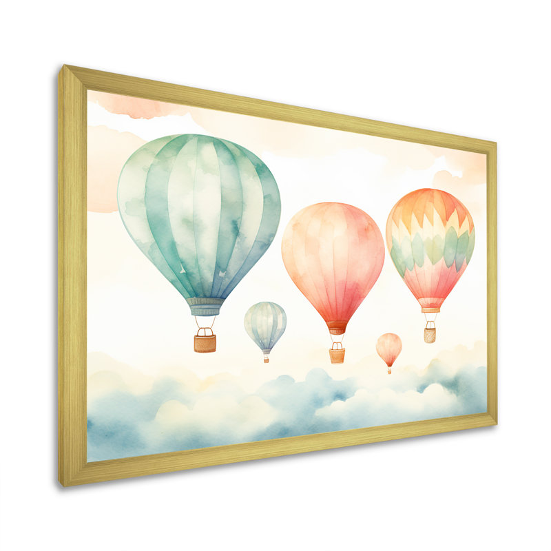 Vert et rouge, aquarelle, montgolfière Horizon I - montgolfière, art mural, Cadre doré à coins fermés