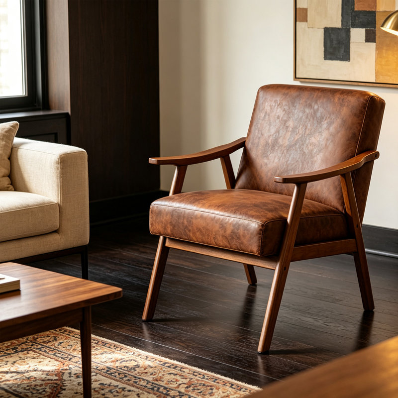 Fauteuil d'appoint moderne du milieu du siècle, structure en bois massif, revêtement en microfibre camel clair, idéal pour la lecture dans le salon, la chambre ou l'entrée.