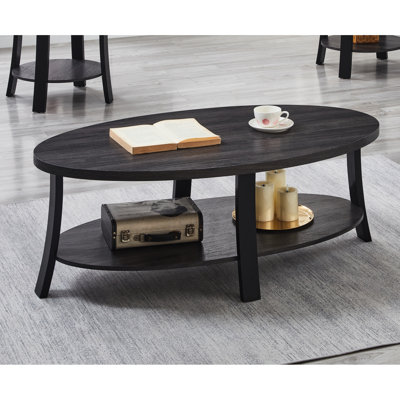 Élégante table basse anthracite avec tablette ovale en bois et design gracieux coloré