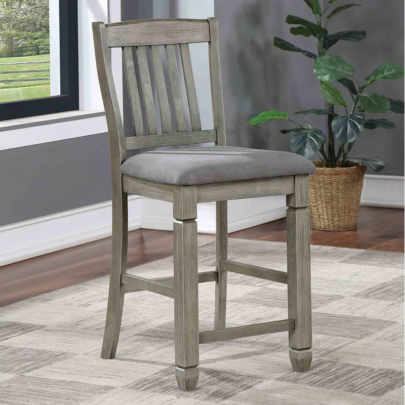 Transitional Style 2Pc Counter Height Chair Fabric Upholstered Seat Wire Brushed Slat Back Grey And Light Grey Finish Dining Room