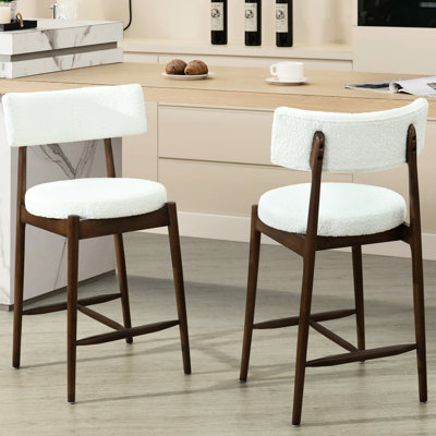 De 2 tabourets de bar de style Mid-Century moderne, de 2 pieds en bois d'hévéa, siège bouclé rond en mousse à haute densité, convient aux bistros aux lignes lisses à dossier incurvé et aux cuisines idéales