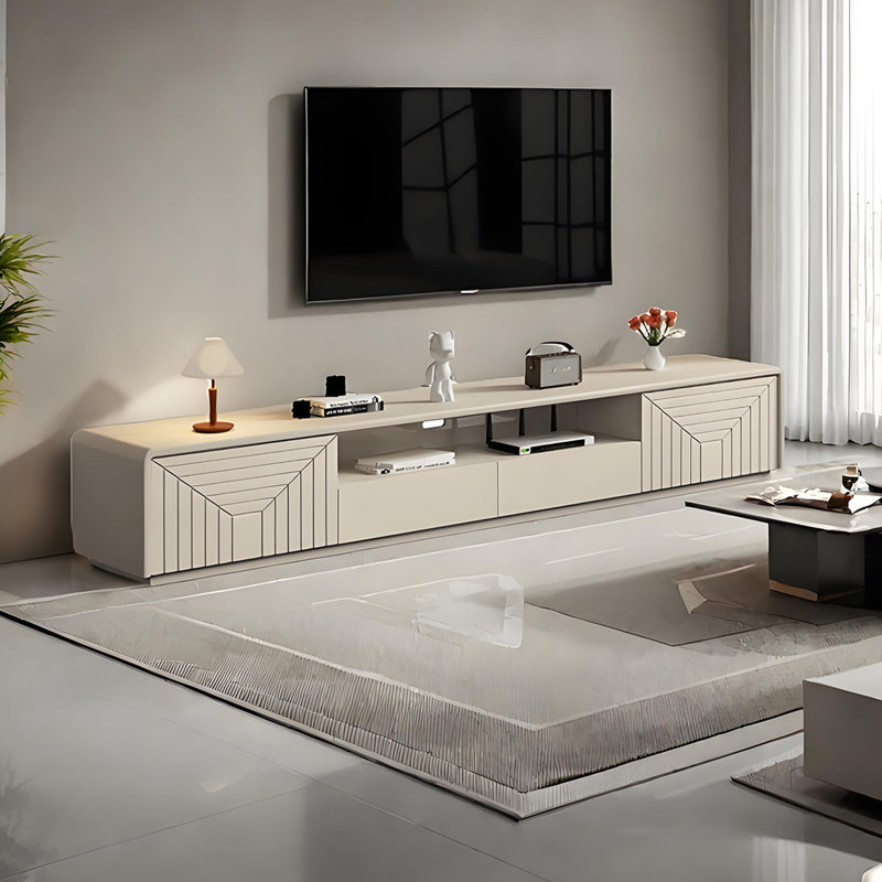 Meuble télé moderne de style crème, H 16,53 po x L 86,61 po x l 15,74 po