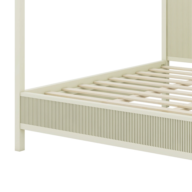 Élégant lit plateforme à baldaquin en bois avec lattes de soutien, King, Beige
