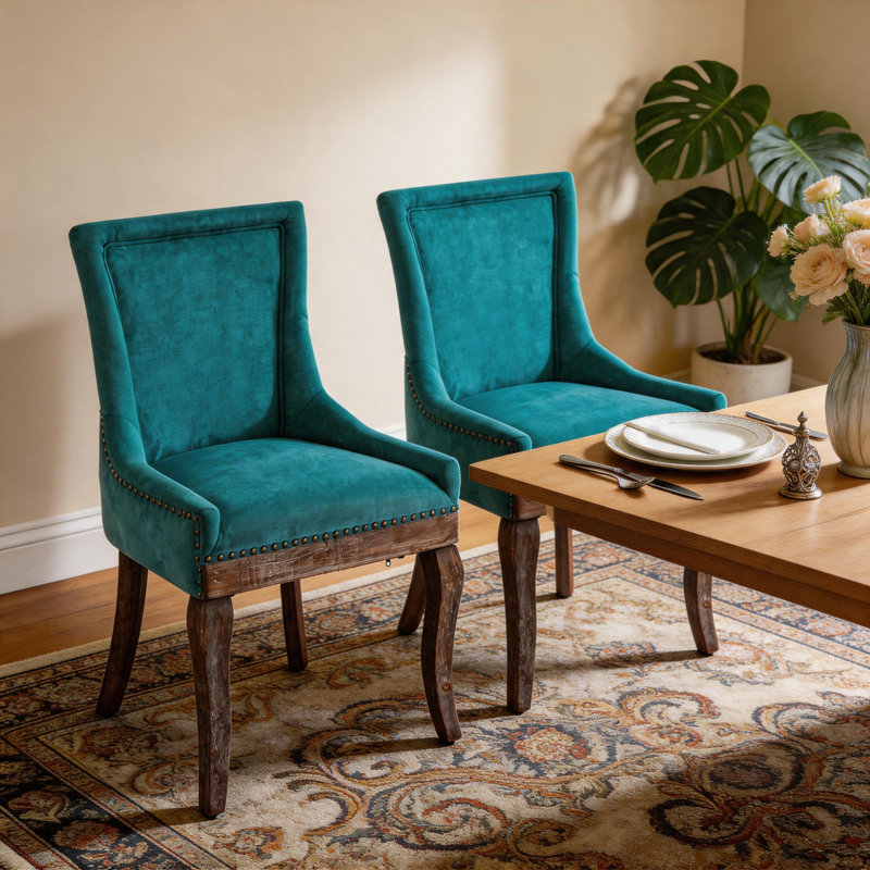 Ensemble de 2 chaises de salle à manger rembourrées en bois massif, 2, Bleu