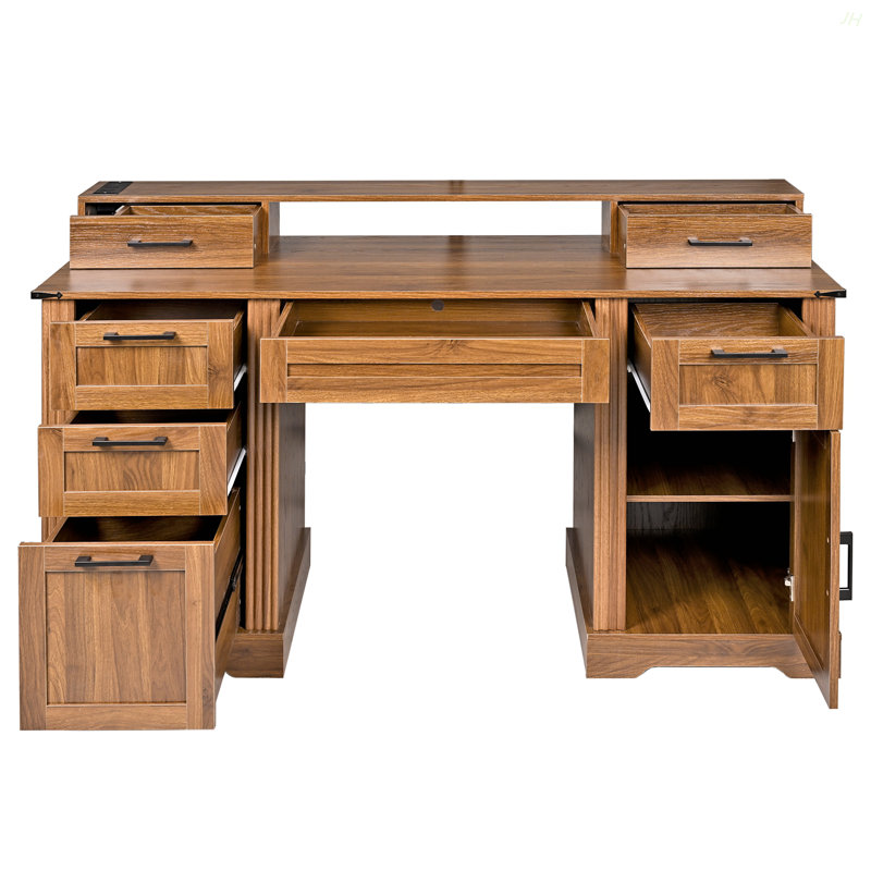 59" Farmhouse Office Desk With  Charging Station & Storage Cabinet, Barn Door Design Home Study Desk With File Drawer, Monitor Stand And Keyboard Tray For Office, Study, Living Room
