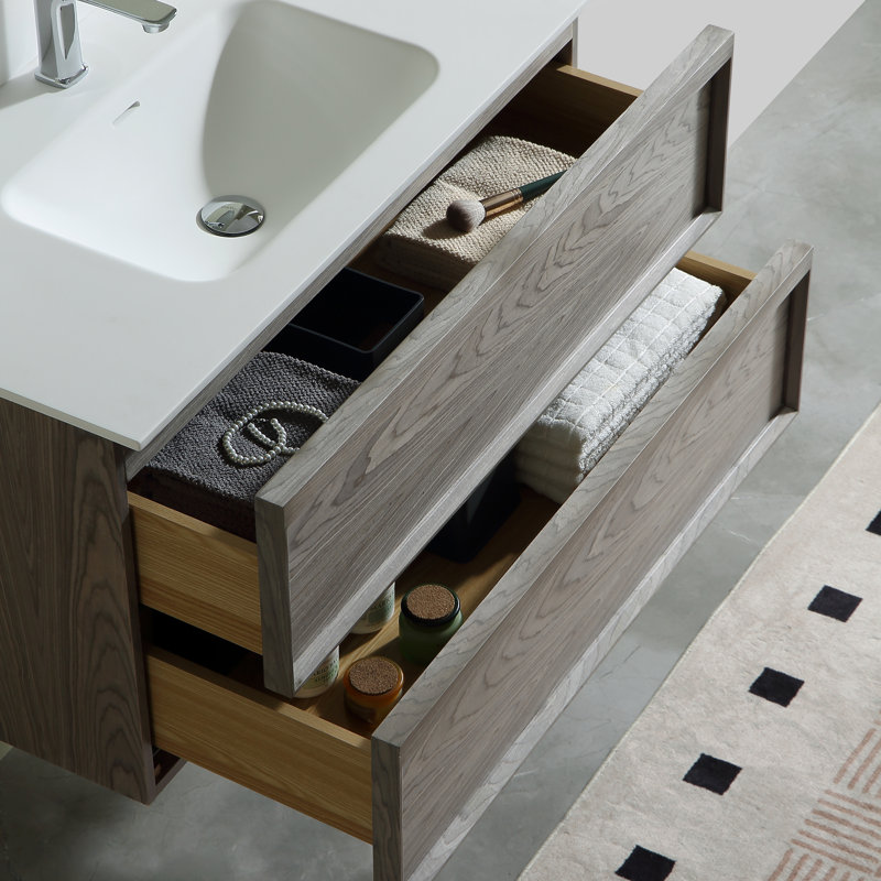 Wall Mounted Single Double Single Vanity Bathroom Vanity With Solid Surface Top, Gray, 36"