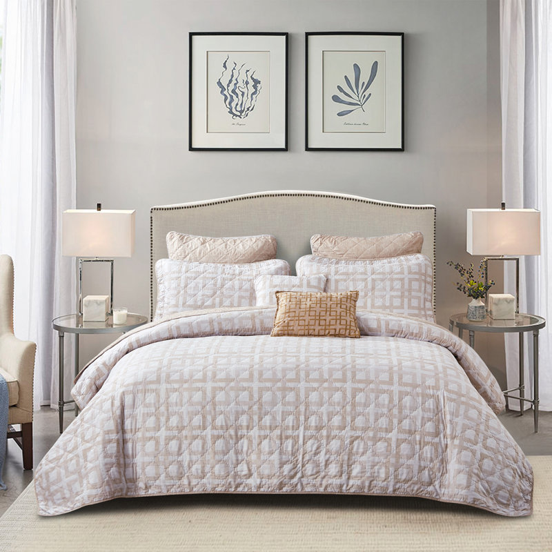 King Beige Microfiber Geometric Coverlet Set