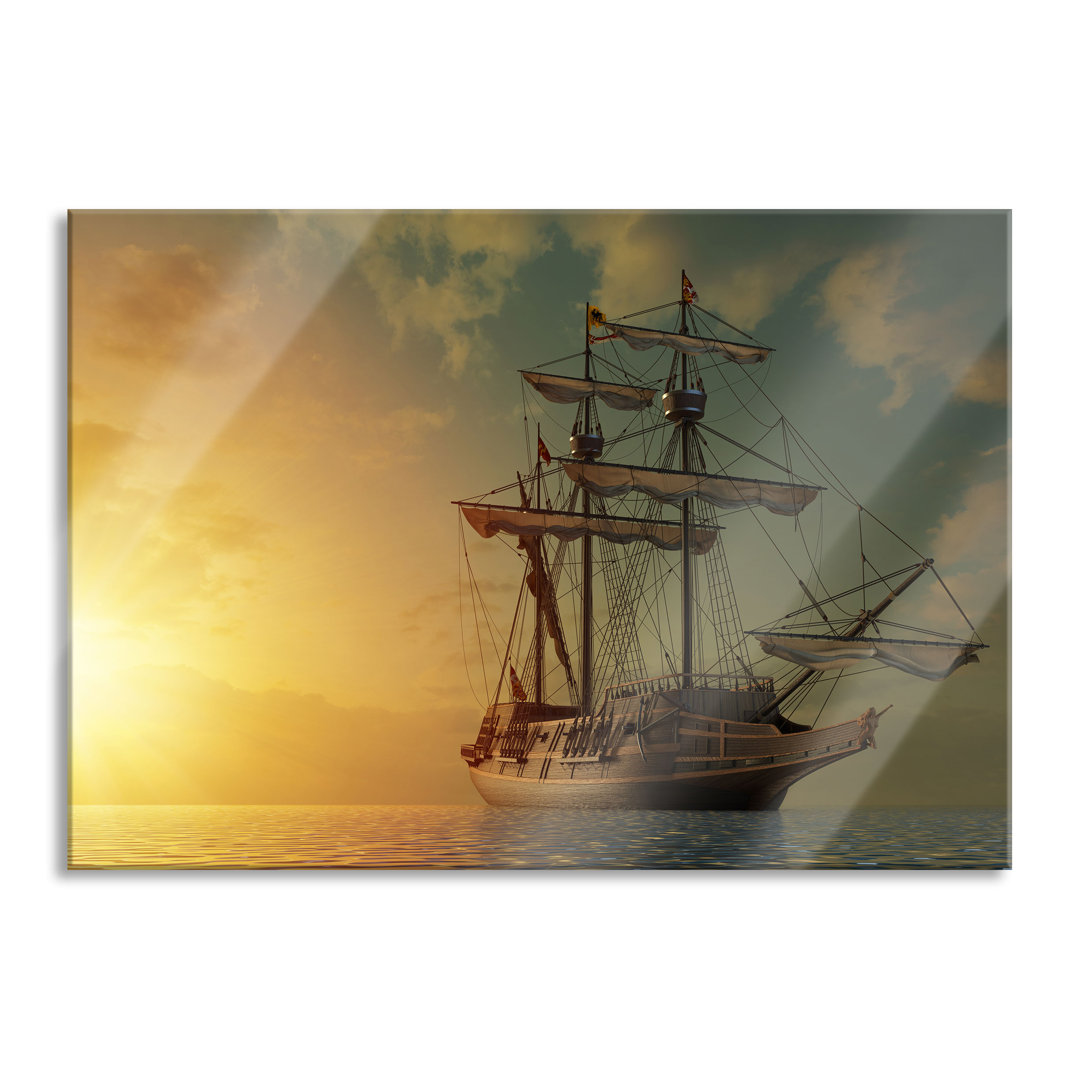 Ungerahmtes Foto auf Glas "Large Sailing Ship at Sunset"